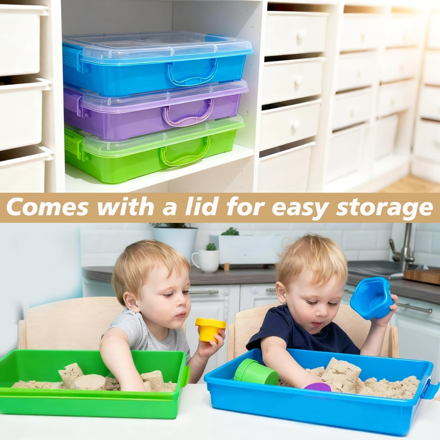 Skiennix 4 Qt Sensory Bin Set - Stackable Storage Bins with Lids for Crafts & Sandbox | Blue, Green, Purple