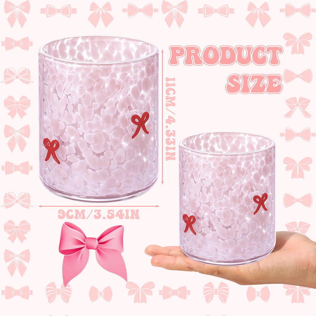 Ovveroche 2 Pcs Pink Bow Icon Juice Glass 14 oz Bow Reusable Stemless Icon Drinking Glasses Cups for Birthday Wedding Party Supplies Gift