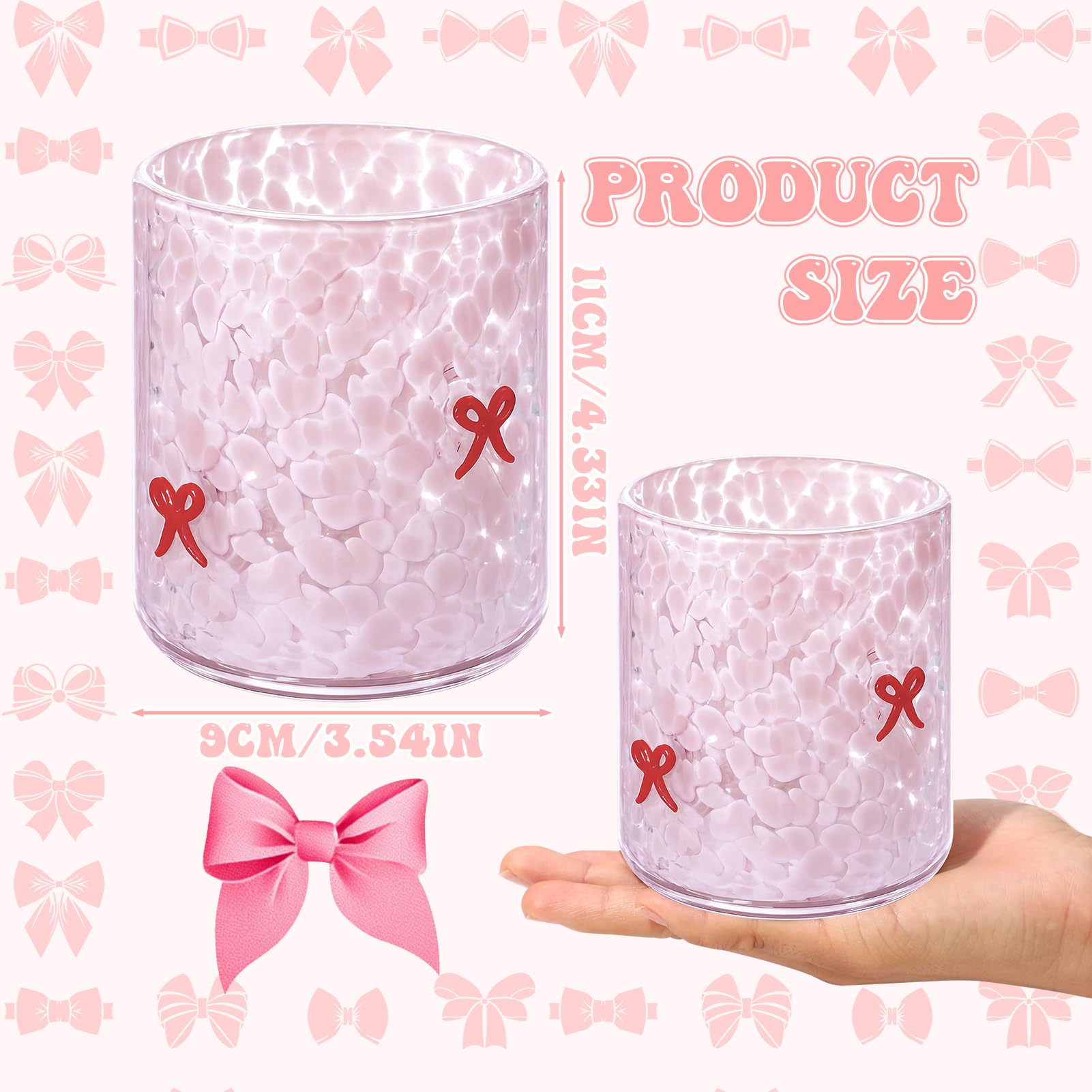 Ovveroche 2 Pcs Pink Bow Icon Juice Glass 14 oz Bow Reusable Stemless Icon Drinking Glasses Cups for Birthday Wedding Party Supplies Gift