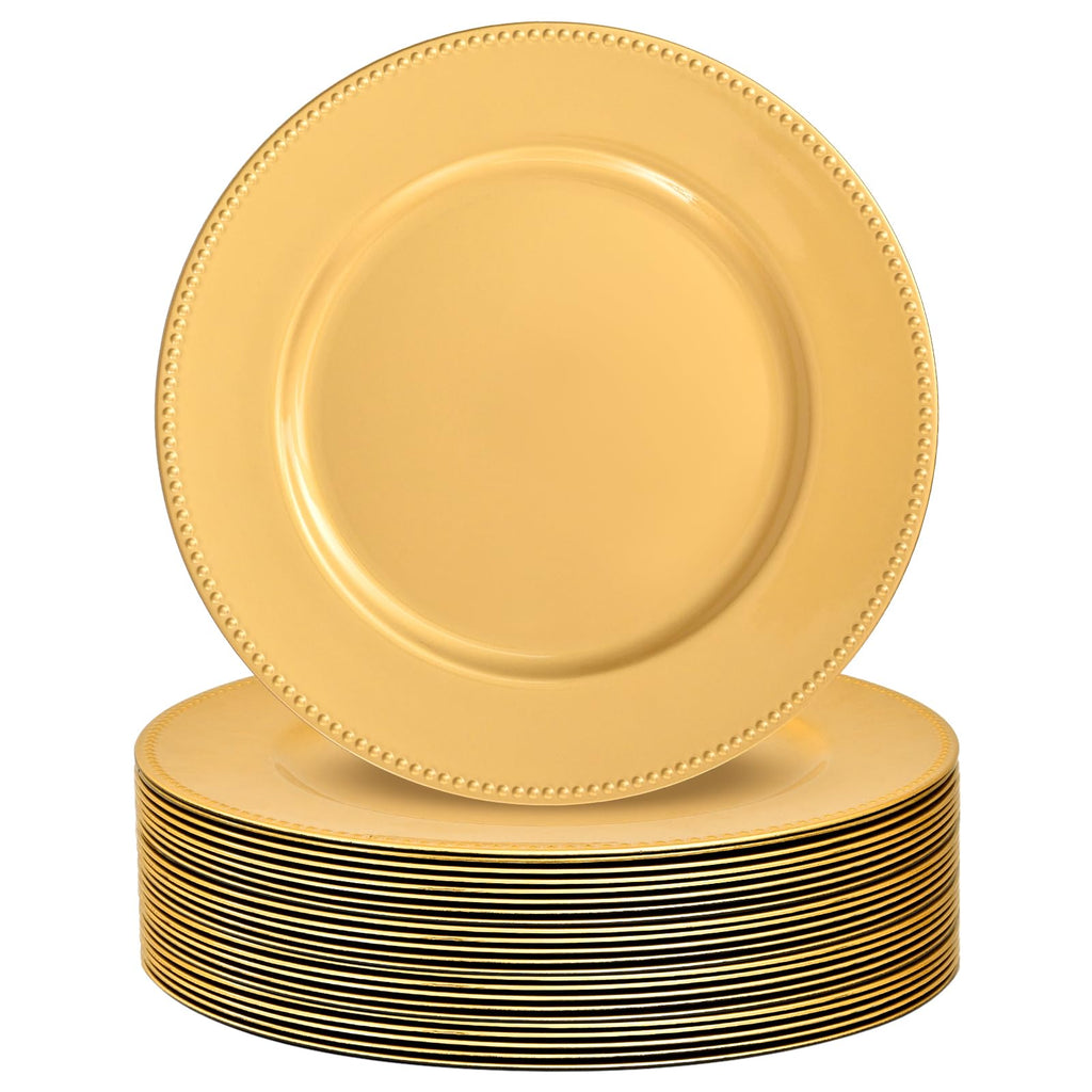 YJYQHYX 24 Pack Gold Charger Plates 13" Plastic Round Charger Plates Dinner Plate With Beaded for Wedding Table Dinner Kitchen Easter Catering Event Party Decoration