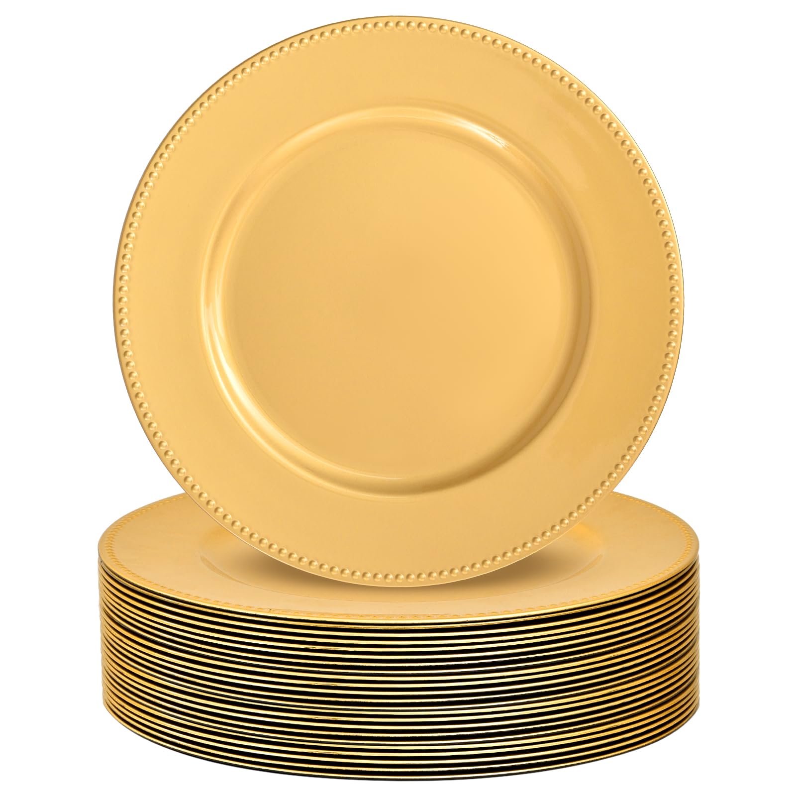 YJYQHYX 24 Pack Gold Charger Plates 13" Plastic Round Charger Plates Dinner Plate With Beaded for Wedding Table Dinner Kitchen Easter Catering Event Party Decoration
