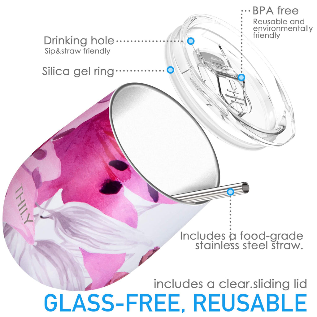 THILY Stainless Steel Stemless Wine Tumbler 4 Pack Vacuum Insulated Travel Wine Glasses with Sliding Lids and Straws, 12 oz, Keep Cold for Juice, Coffee, Beer, Flower Series