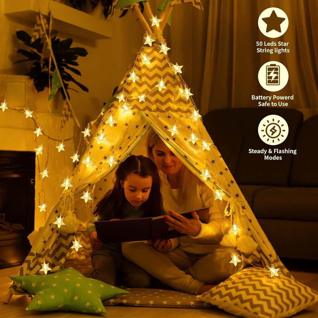 Star String Lights - 50 LED Twinkle Lights | 17 ft Battery Operated Fairy Lights for Kids' Bedroom, Wedding, Patio Decor - Warm White