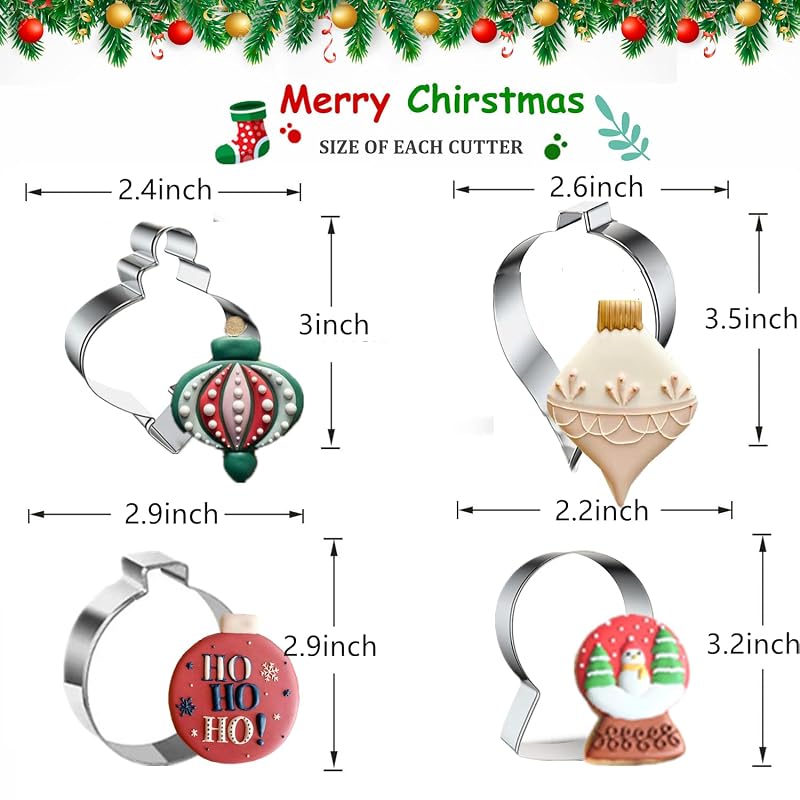 Christmas Ornaments Cookie Cutters 4Pcs Stainless Steel Snow Globe, Round Ornament, Teardrop Bauble Finial Shapes - Variation of THIS listing