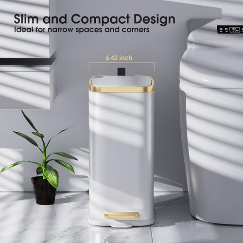 CEROELDA Stainless Steel Small Bathroom Trash Can with Lid - Soft Close 5L/1.3 Gal | Slim Design for Office, Bedroom, and More - White