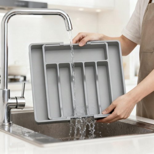 BUKMVKU Expandable Large Silverware Tray For Drawer Organizer, Kitchen Cooking Utensil Drawer Organizer For Spoons Forks Knives, Adjustable Cutlery Flatware Holder 13"-22.4" X 14.7" X 2" (Gray)