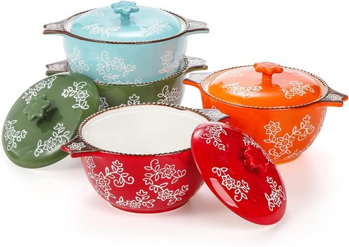 AVLA Ceramic Soup Bowls - 22 OZ French Onion Crocks with Lid & Double Handles | Mini Casserole Set