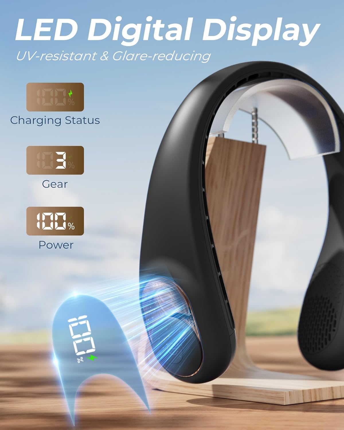 TUNISE Neck Fan - USB-C Rechargeable Personal Fan with LED Display, 3-Speed & 4000mAh Battery