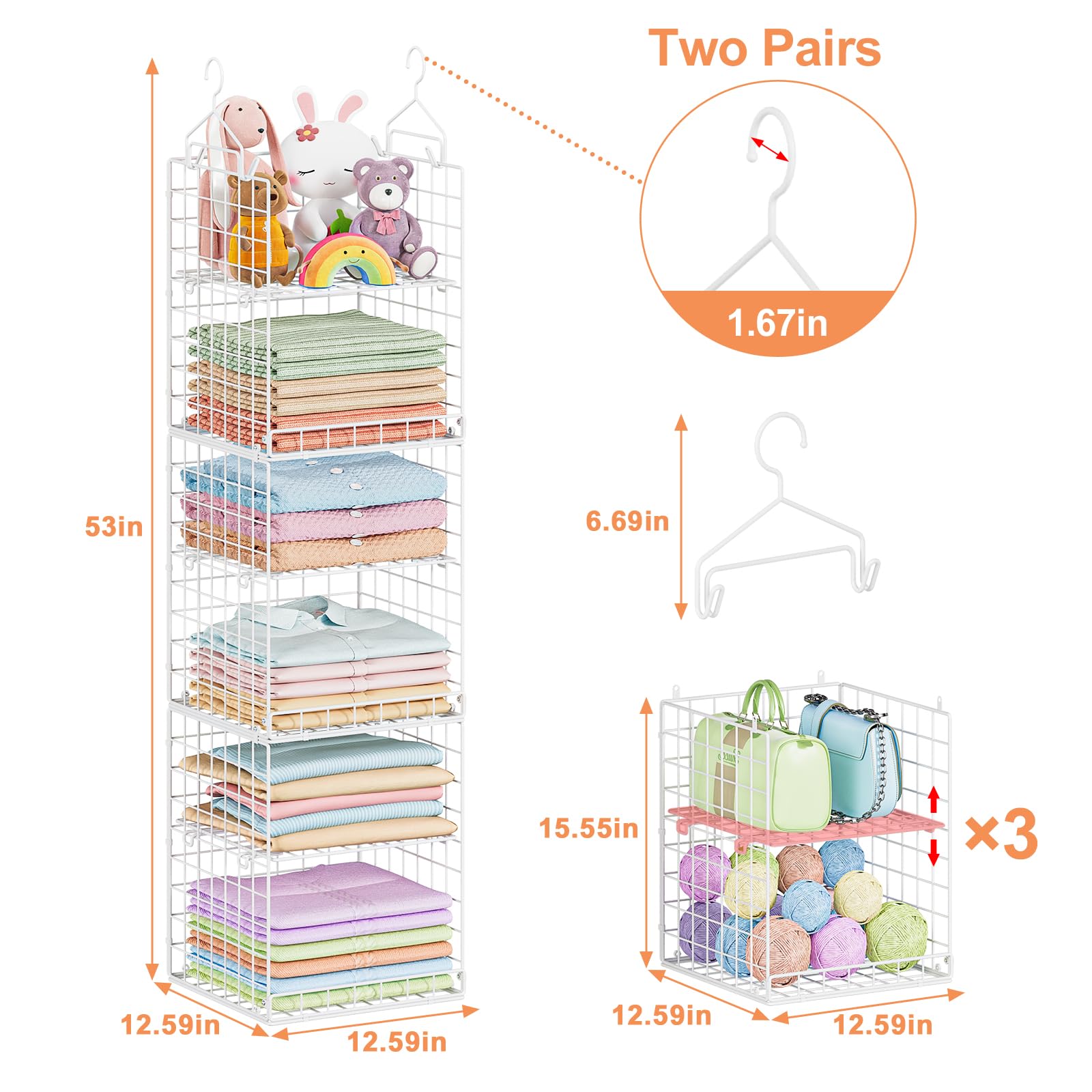 Yuyetuyo 6 Tier Raised-Height Hanging Closet Organizer, Stackable Sweater Organizer for Closet, Wire Storage Basket Bins for Clothes Purse Shoes, Hanging Shelves with 4 Hooks & 3 Dividers Adjustable