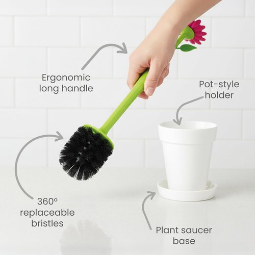 Vigar Flower Power Toilet Brush with Holder Set Toilet Brush with Daisy-shaped Handle, Flowerpot Base with Saucer Durable Bristles for Bathroom, White