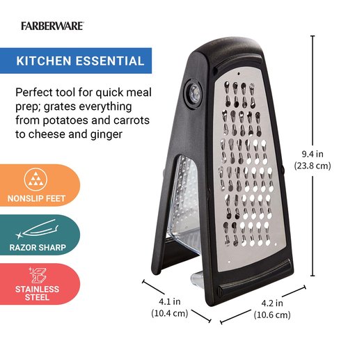 Farberware Professional Stainless Steel Grater with Container, Coarse and Fine Blades, Nonslip Base, Easy-Grip Handle, Dishwasher Safe
