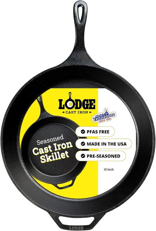 Lodge Seasoned Cast Iron Skillet - 15-Inch Frying Pan for Even Cooking - Easy-Grip Handle & Nonstick Finish