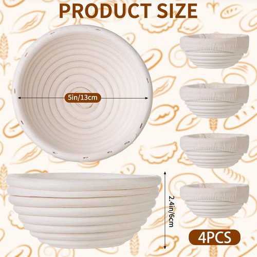 FrutPunch Banneton Bread Proofing Basket Set of 4, with Cloth Lining, Mini Banneton Basket Proofing Baskets for Sourdough Bread Baking 5 Inch, Traditional Sourdough Bread Basket, Home Baking Tools