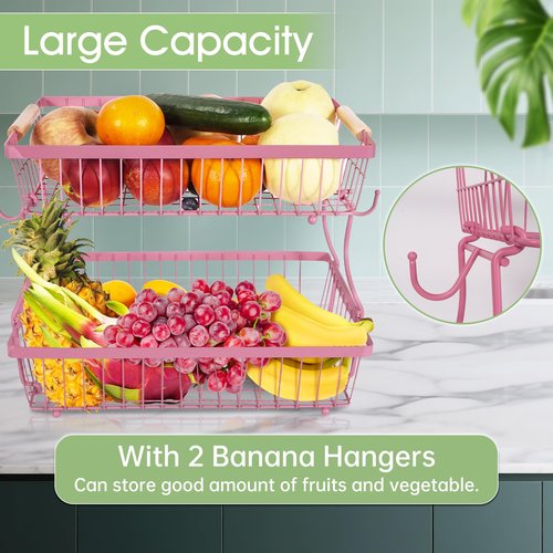 Lawhood-Mijin Fruit Basket Bowl 2 Tier Detachable with 2 Banana Hangers, Fruit Stand Holder for Kitchen Countertop, Metal Wire Vegetable Storage Organizer, for Bread Snack Veggies Produce, pink