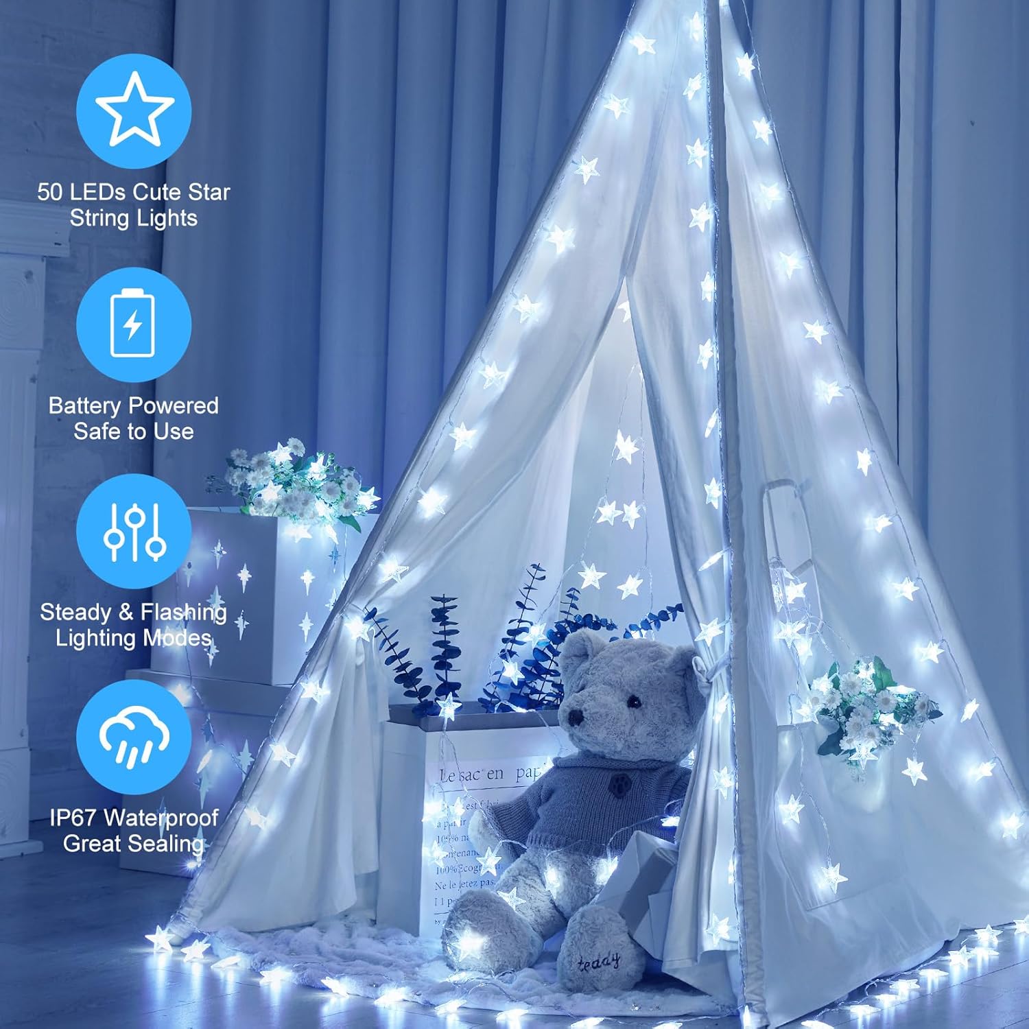 Minetom Star String Lights - 50 LED Waterproof Fairy Lights, 17 ft with Timer for Indoor & Outdoor Decor