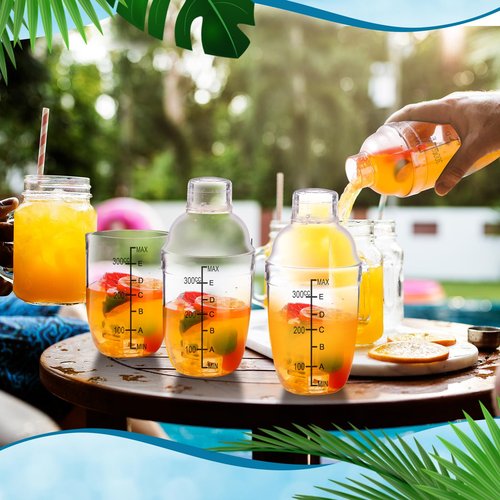 Lallisa 50 Pcs Plastic Cocktail Shaker Set Drink Mixer Clear Shaker Cup with Measurements Scales and Strainer Plastic Mixing Tool for Tea Coffee Bar Bubble Milk Christmas Gift (350 Cc/ 12 oz)