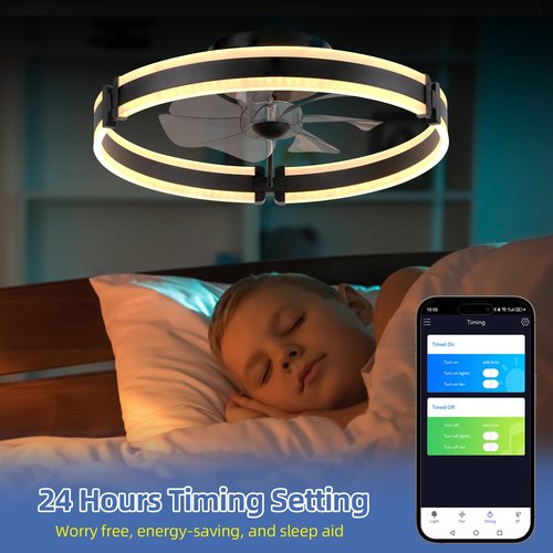 BAYSQUIRREL Ceiling Fans with Lights and Remote, Dimmable Bladeless Ceiling Light, 3 Colors 6 Speeds Reversible, Modern Low Profile Flush Mount Ceiling Fan for Bedroom