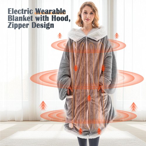Wearable Heated Blanket with Zipper Design, Electric Wearable Throw Blanket with Sleeves, Hood, Heated Hoodie Blanket, Wearable Electric Blanket with 8 Heating Levels, 1-10H Auto-off Settings, 43*60"
