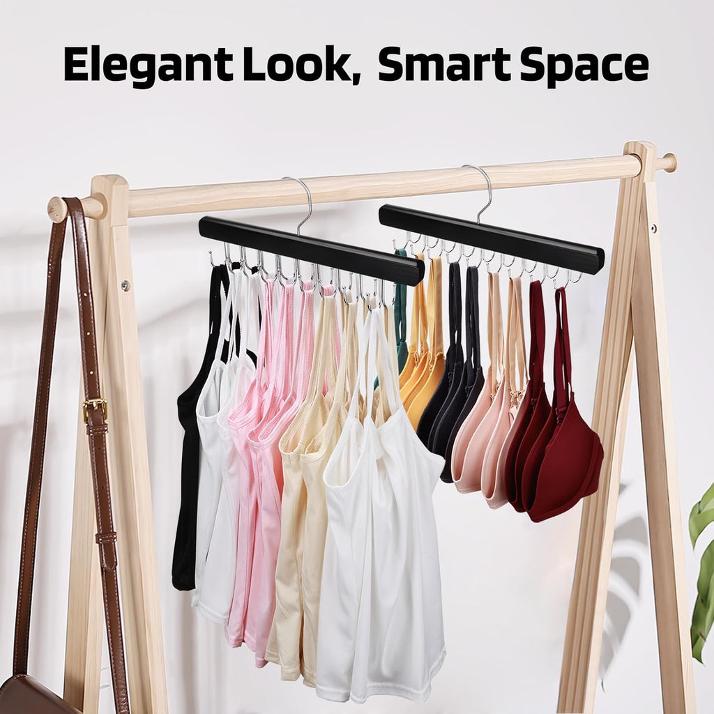 NECAMOCU Bra Hanger - Premium Wooden Closet Organizer with 36 Foldable Hooks | Space-Saving Design, Black