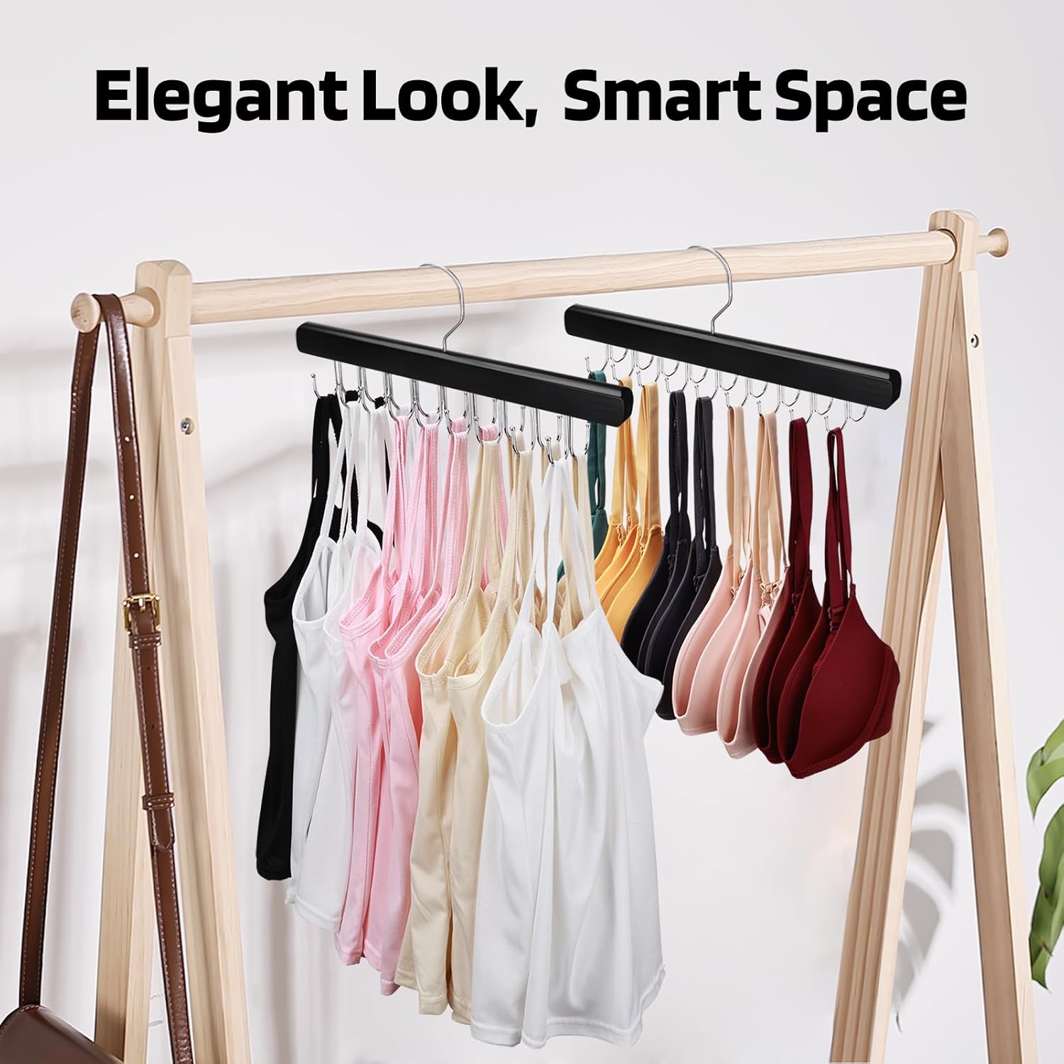 NECAMOCU Bra Hanger - Premium Wooden Closet Organizer with 36 Foldable Hooks | Space-Saving Design, Black
