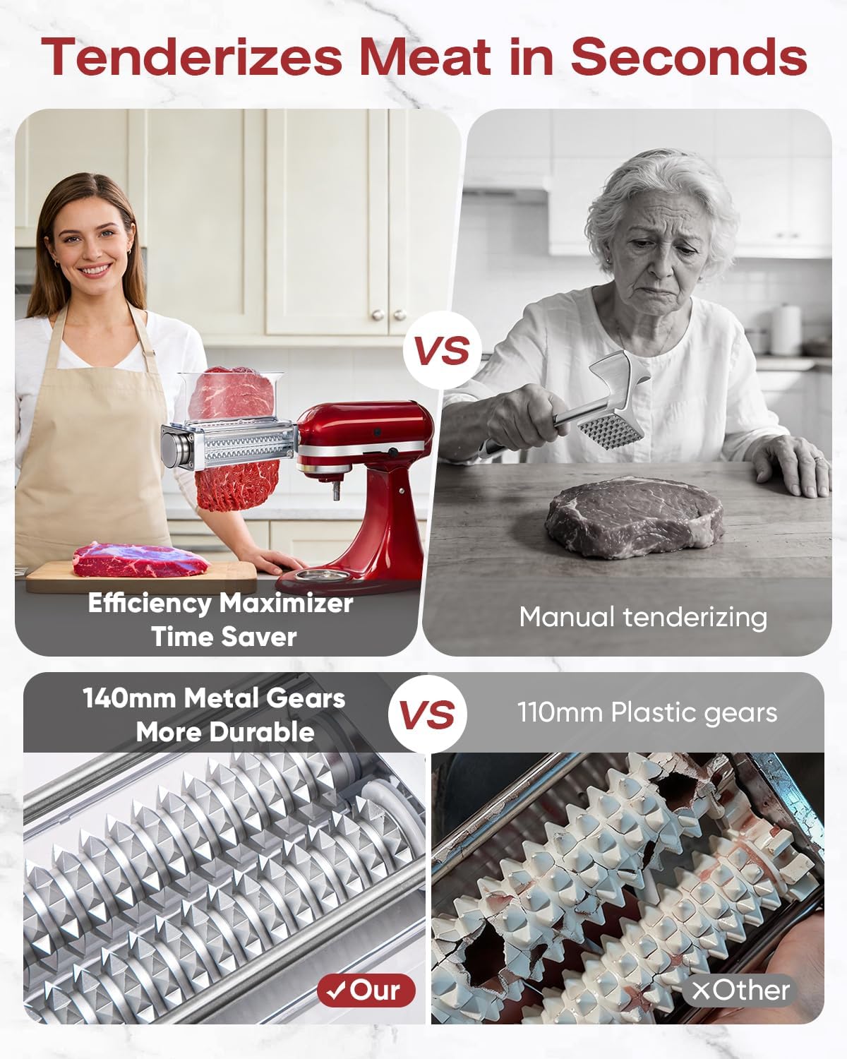 Skiennix Adjustable Meat Tenderizer Attachment - 3 Thickness Settings for KitchenAid Mixers | Durable Metal Wheel & Tall Chute