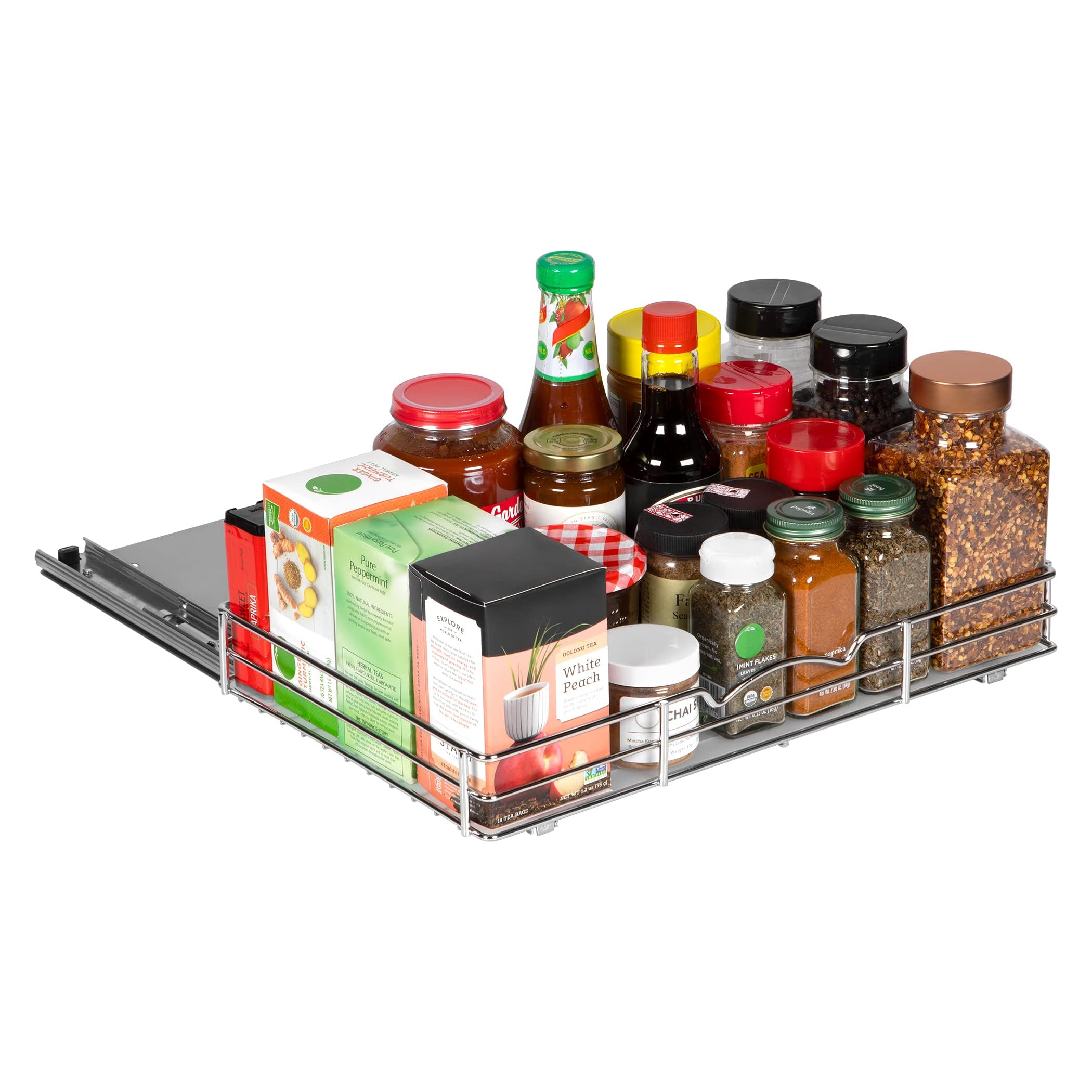 Pull-Out Cabinet Spice Rack Organizer - Slim Slide-Out Storage for Spices, Bottles & Jars, Premium Heavy-Duty Steel, Easy Install for Narrow Kitchen Cabinet - 16 ⅜ W x 10 ½ D x 2 ¾ H, Chrome