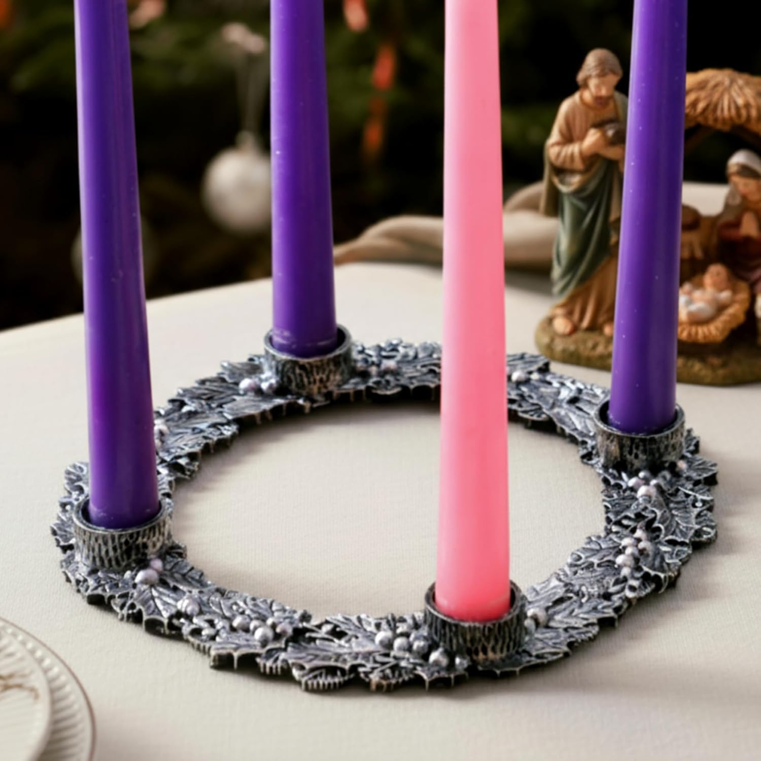 Shellwei Advent Wreath Candle Holder - 8 Inch Metal Design with Holly Berry Leaves for Christmas Decor