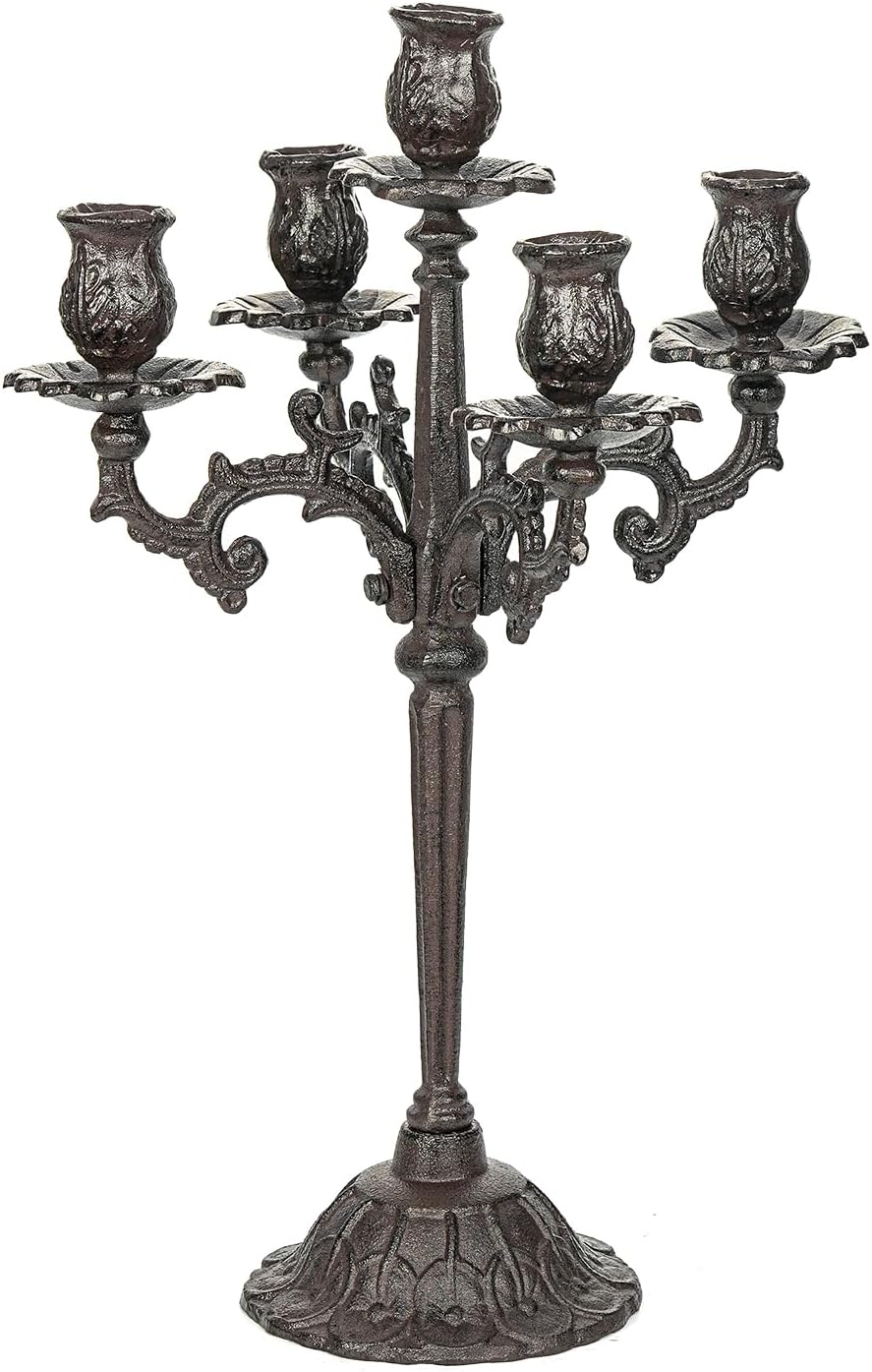 Sungmor Heavy Duty Cast Iron Candlestick Holders - Handcrafted Vintage Candelabra - 17-Inch Tall with 5 Arms for Elegant Home Decor
