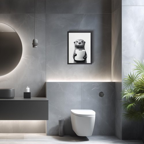 LLEEMPI Otter Toilet Paper Wall Art - Modern Minimalist Black & White Canvas Print | 12x16 Inch Framed Decor