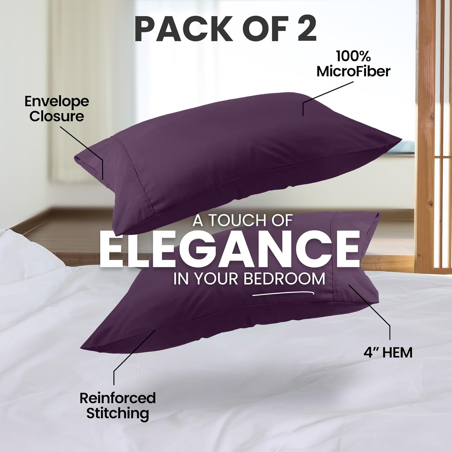 Utopia Bedding Queen Pillow Cases - Soft Brushed Microfiber - 2 Pack | Fade Resistant 20 X 30 Inches (Purple)