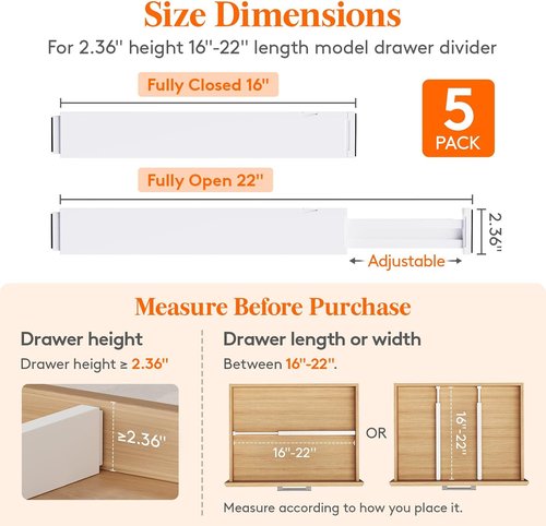 Lifewit Adjustable Drawer Dividers - 5 Pack 2.36" High Expandable Organizers for Clothes & Utensils | White