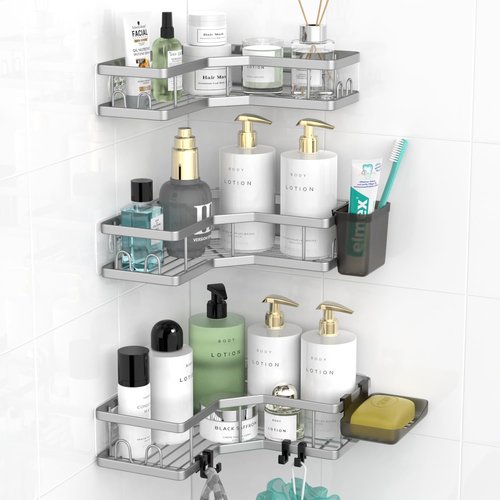 **AKTECKE Corner Shower Caddy - Adhesive Bathroom Organizer with No-Drill Installation | 3-Pack Stainless Steel**