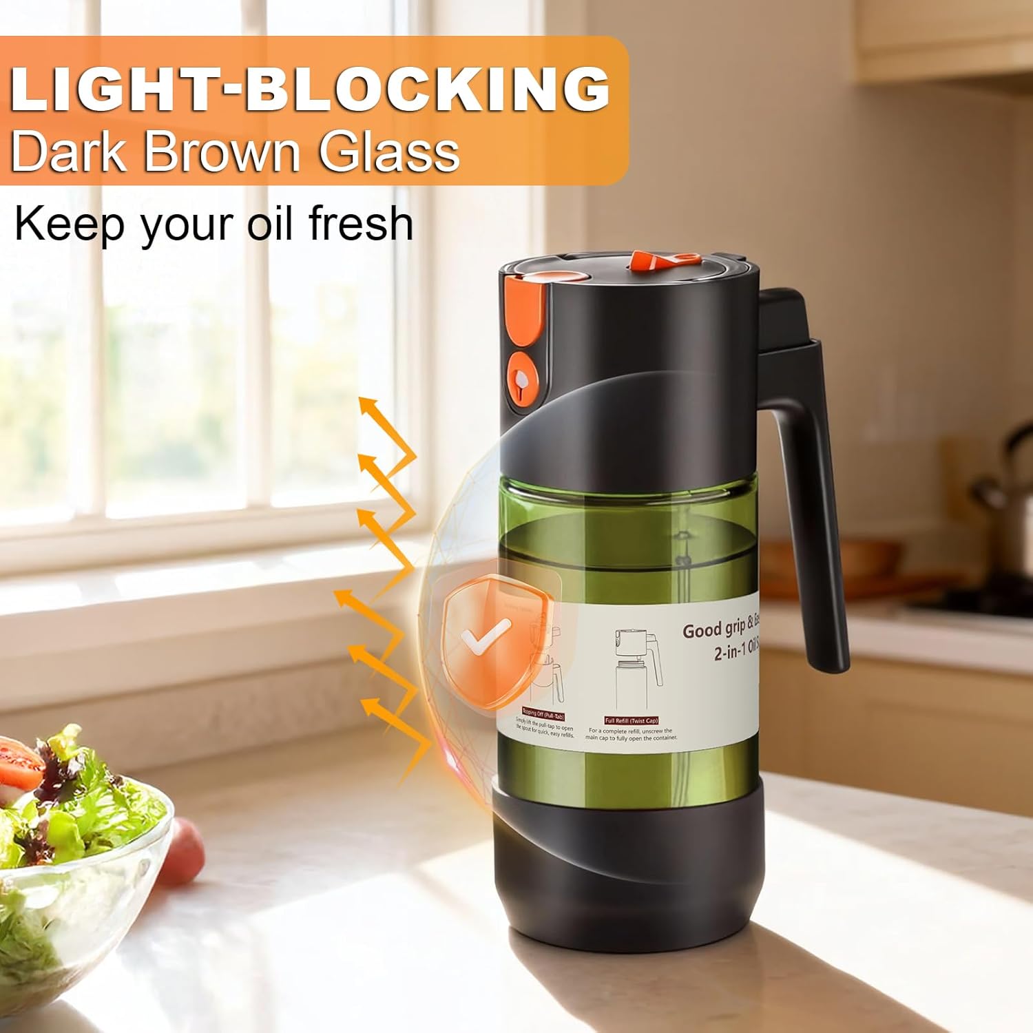 Skiennix 2-IN-1 Oil Sprayer - Light-Blocking Dark Glass Olive Oil Dispenser | 500ml/16.9oz for Cooking & BBQ