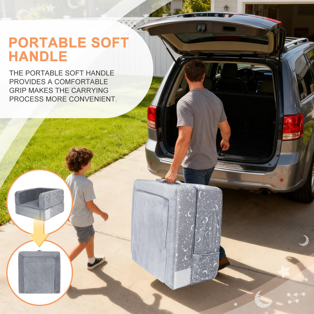 Portable Toddler Travel Bed, 2 in 1 Foldable Toddler Bed Sofa Chair, Soft Baby Kids Travel Floor Beds with Washable Cover, Blanket, Safety Foam Raised Bumper for Camping Hotel Grandma’s House Sleeping