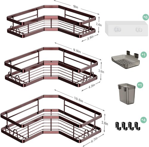 AKTECKE Corner Shower Caddy Organizer - Adhesive No-Drill Rack for Bathtub | 3-Pack Rustproof Shelves