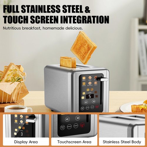 WHALL Touch Screen Toaster 2 Slice, Stainless Steel Digital Timer Toasters with Sound Function, Smart Extra Wide Slots Toaster with Bagel, Cancel, Defrost (silver)