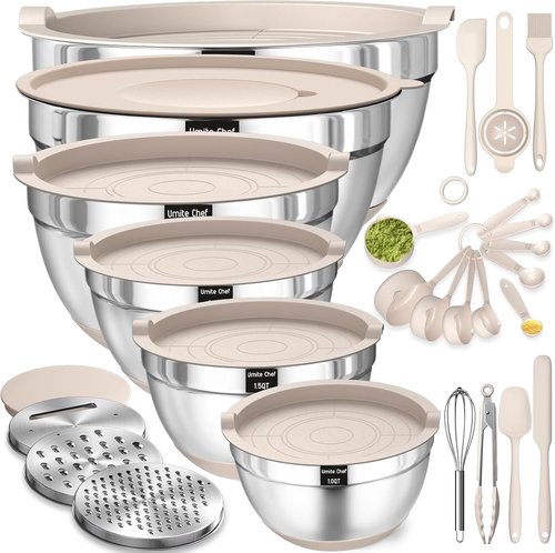 **Regine Switzerland Mixing Bowls Set - 26PCS Stainless Steel with Airtight Lids & Grater Attachments | Non-Slip Bottoms**