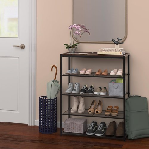 ClosetMaid 5-Tier Shoe Rack, Storage Organizer, with Wood Top Shelf, 4 Metal Mesh Shelves, for 15 Pairs of Shoes, Modern Walnut/Black