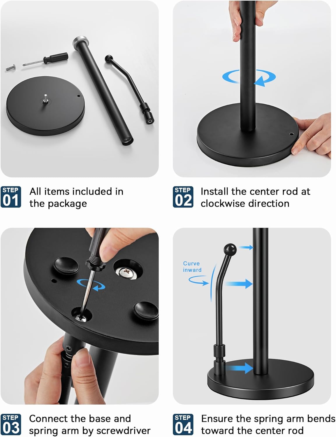 SMARTAKE Paper Towel Holder - Weighted Non-Slip Dispenser with Spring Arm for Most Rolls - Black Stainless Steel