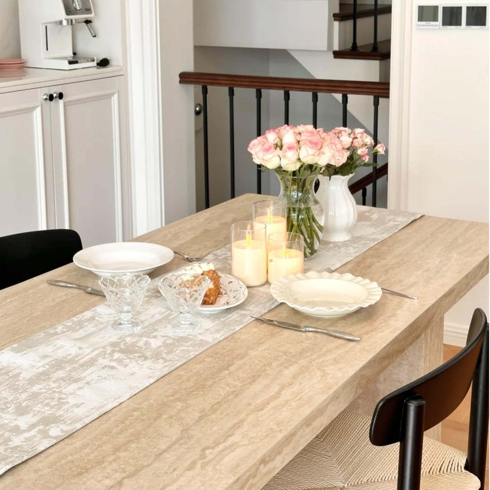 ZIWUROAD Beige Table Runner, Cotton Polyester Kitchen Dining Table Decoration for Fall Home Decor 12x90 Inch