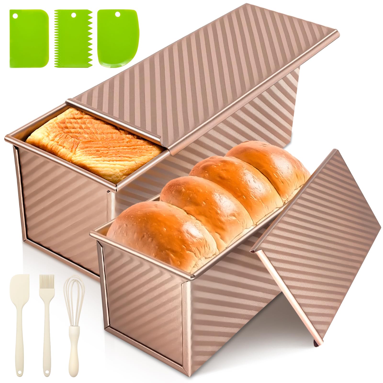 Dipanist 2Pack Large Bread Pan with Lids – 2.2LB Dough Capacity, Non-Stick Carbon Steel Bread Pans for Homemade Sandwich and Sourdough Bread, Corrugated Toast Mold(Gold)