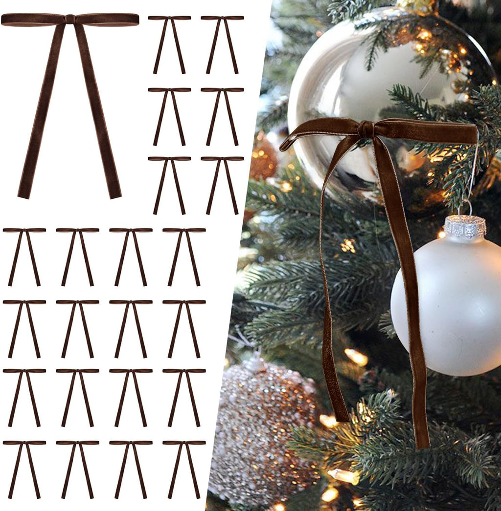 SIMISI Ribbon - 24 Pcs Brown Velvet Christmas Bows | Vintage Ornaments for Tree, Wreath, Garland (3/8'' Width)