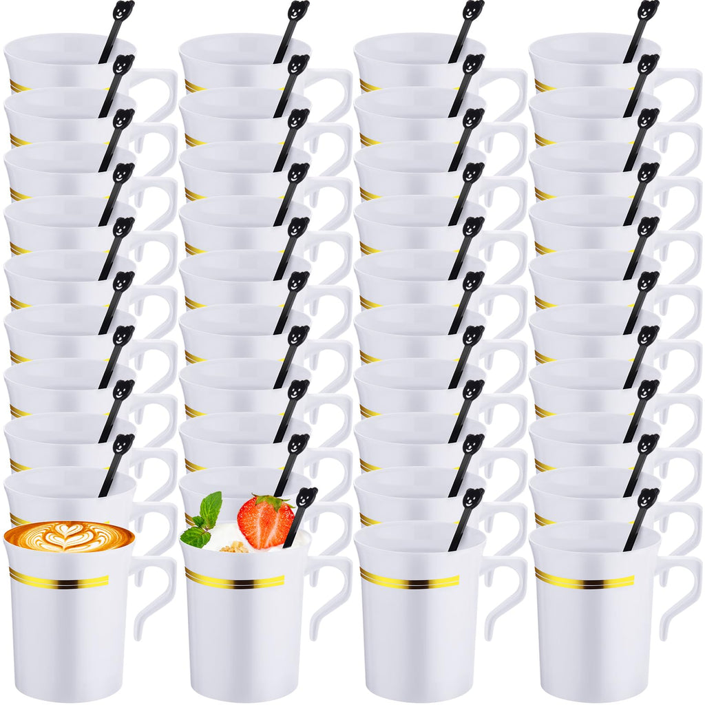 Bokon 100 Pcs Plastic Tea Cups Bulk with Handle and Spoon, 8 oz Reusable Teacups with Gold Rim, White Coffee Mugs for Bridal Shower, Wedding, Princess Tea Party Supplies (Gold Rim)