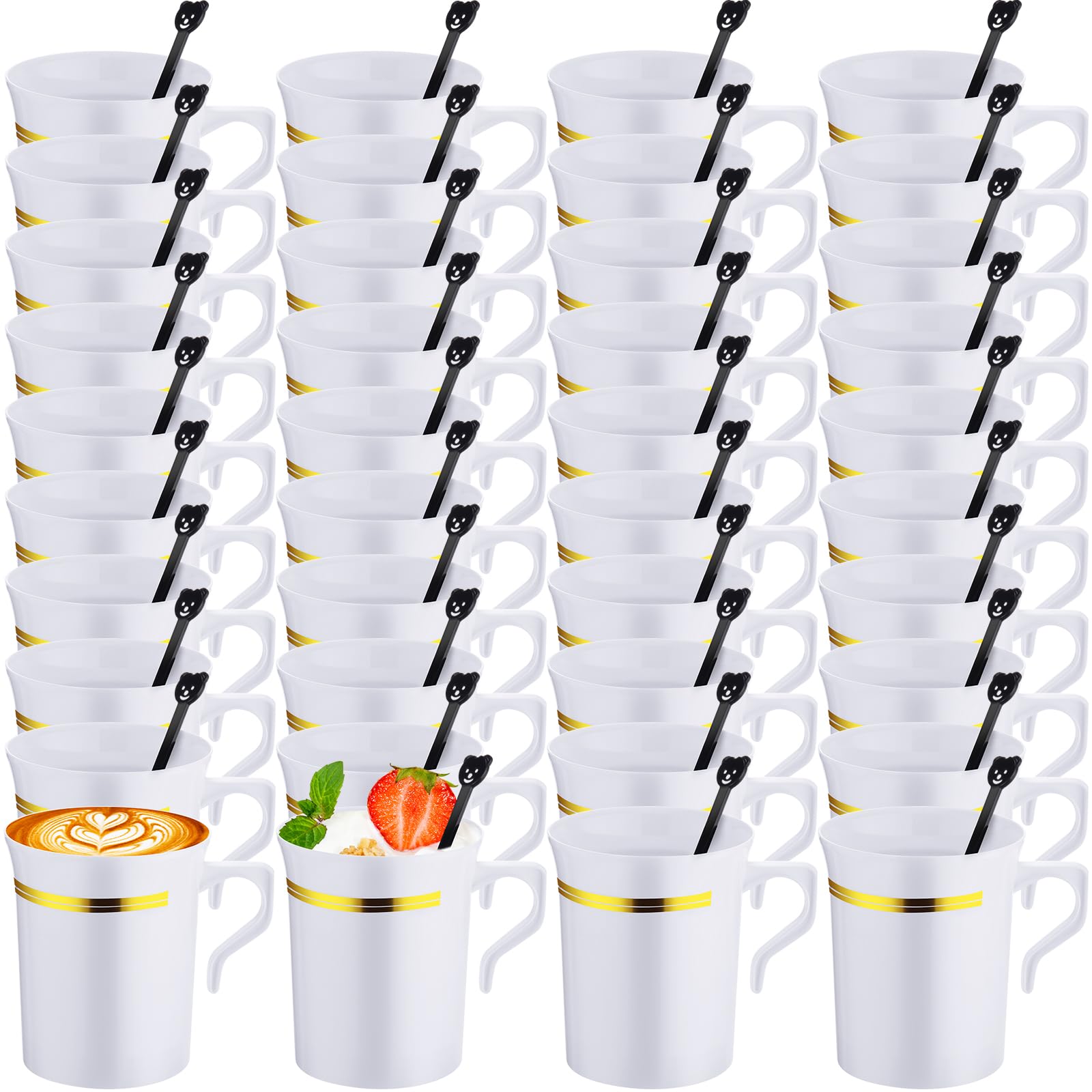 Bokon 100 Pcs Plastic Tea Cups Bulk with Handle and Spoon, 8 oz Reusable Teacups with Gold Rim, White Coffee Mugs for Bridal Shower, Wedding, Princess Tea Party Supplies (Gold Rim)