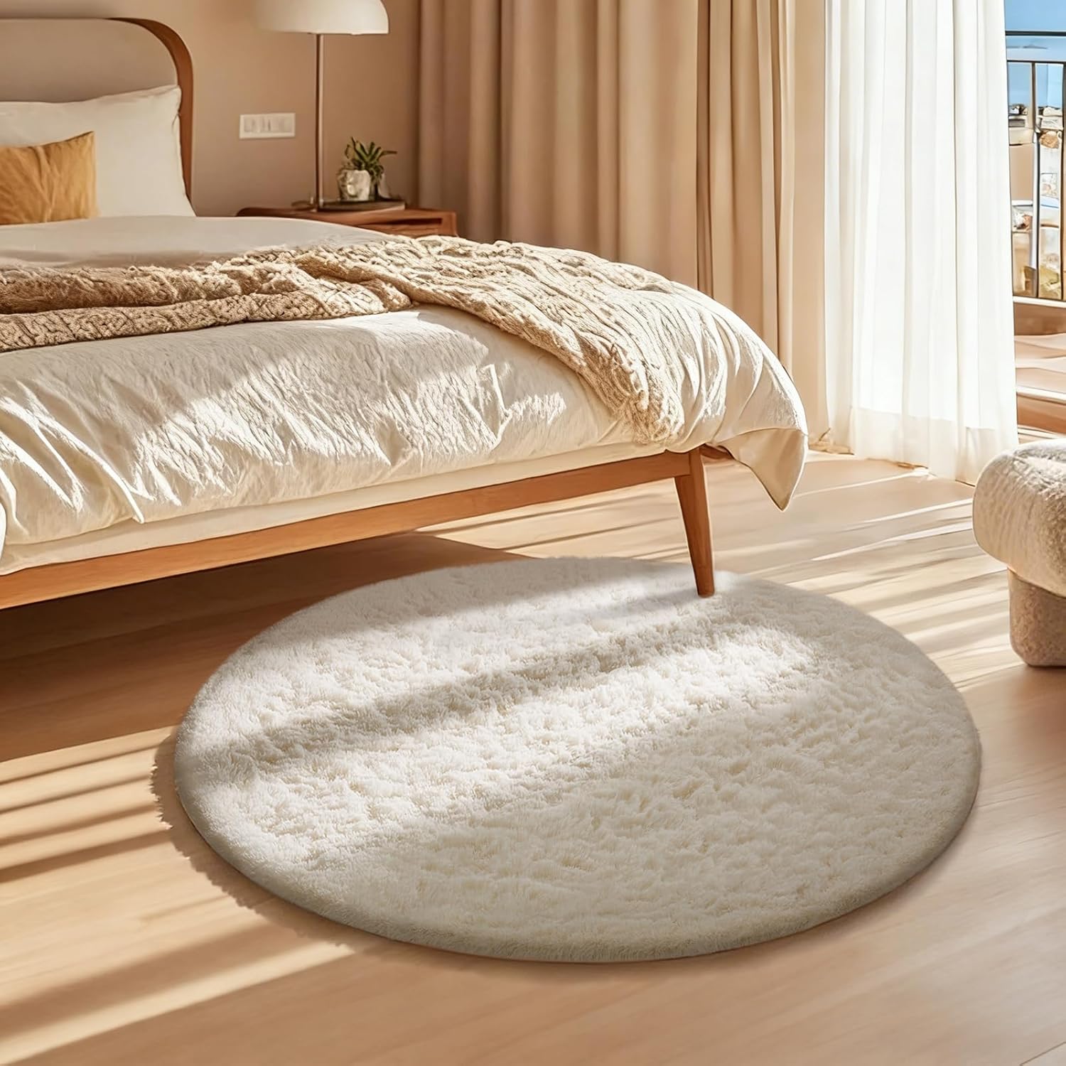 Ophanie Round Rug - 2Ft Ivory Circle Area Rug | Plush Soft Shaggy Carpet for Kids' Rooms & Nurseries
