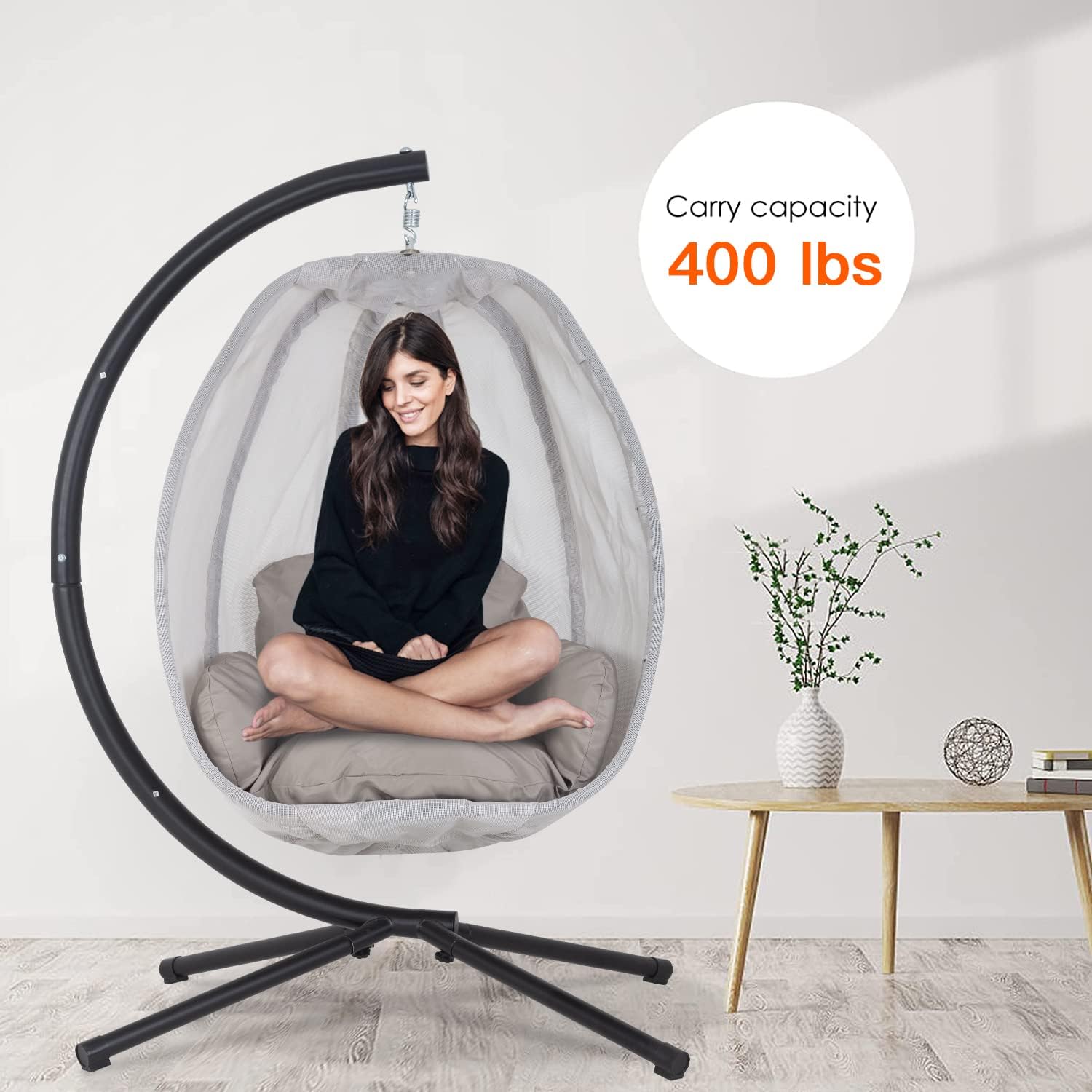 Skiennix Swing Egg Chair - Comfortable Hammock Chair with Metal Stand & Cushion | Gray, 400LBS Capacity