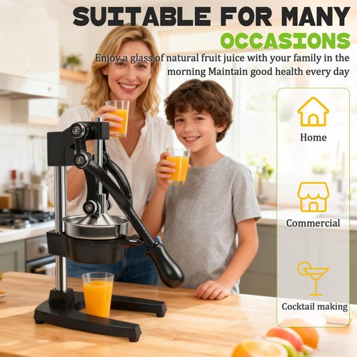 Cast Iron Manual Juicer – Heavy-Duty Hand Press Orange & Lemon Squeezer, Commercial Grade Hand Juicer Press, Easy-to-Clean Fruit Press (Black)