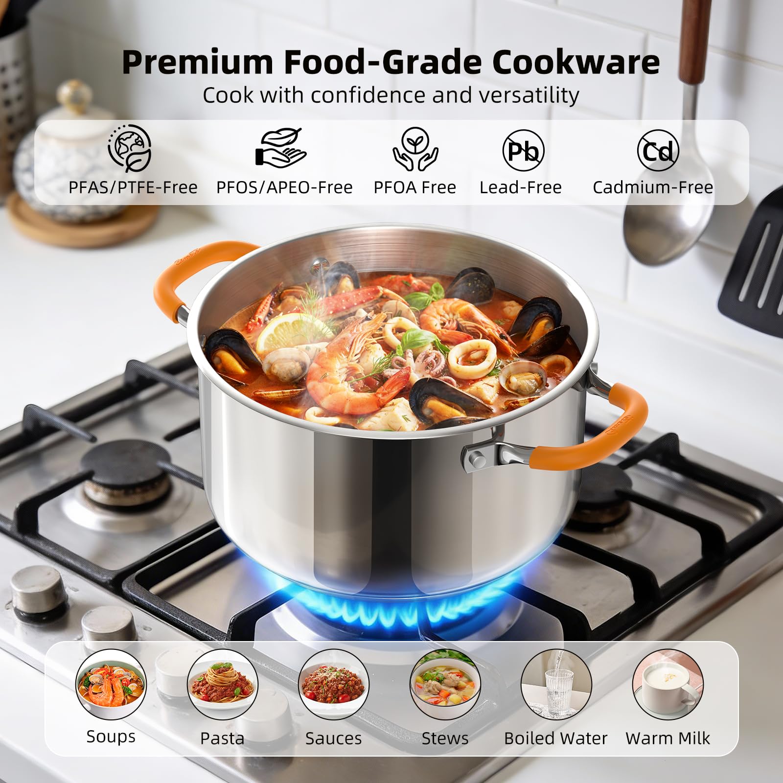 Ciwete Stainless Steel Stock Pot, 5.2 Quart Soup Pot with Lid, Heavy-Duty Thick Bottom Induction Cooking Pot for Pasta, Stew & Simmering, Even Heating, Compatible with All Cooktops, Dishwasher Safe