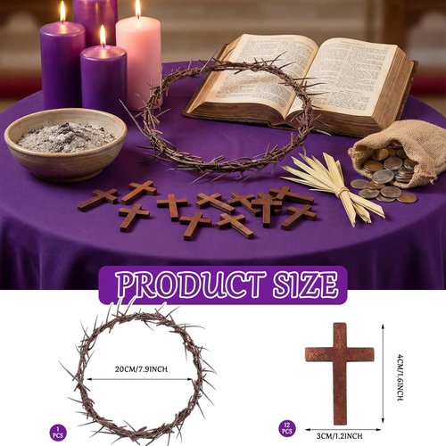 Geelin Easter Crown of Thorns Set - 13 Pcs Mini Wooden Cross & Thorn Wreath | 8'' Christian Decor for Home & Church