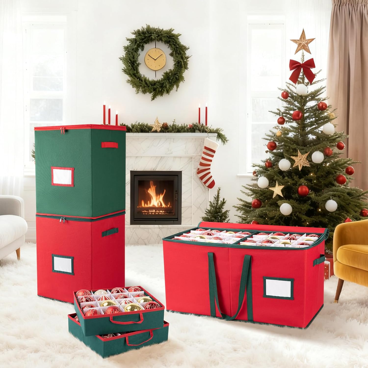 OIAHOMY Christmas Ornament Storage Box - Holds 80 Ornaments with Trays & Zippers, 600D Oxford Fabric - Red